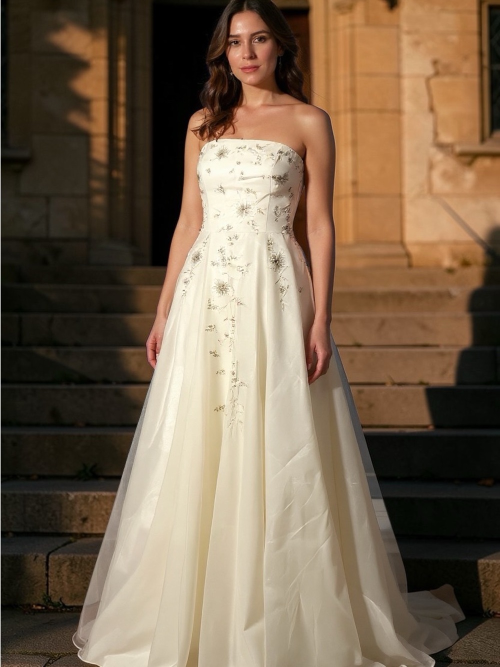 Ivory Strapless A-Line Wedding Dress with Delicate Floral Embroidery